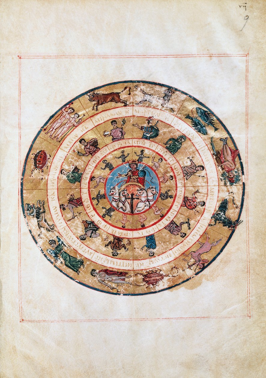 The Sun chariot and the signs of the Zodiac, miniature from an early Middle Ages manuscript, astronomical table by Ptolemy (ca 100-175), Hellenistic civilization بواسطة غير معروف غير معروف