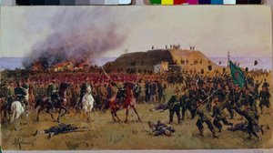 الاستيلاء على قلعة غورني دوبنيك (غورني دوبنيك) في 24 أكتوبر 1877. الحرب الروسية التركية: مشهد معركة بين قوزاق الجيش الروسي وجنود الإمبراطورية العثمانية، حلقة عسكرية للسيطرة على مرور شيبكا (بلغاريا).