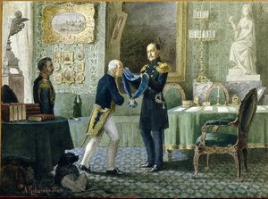 قدم الإمبراطور الروسي نيكولاس الأول (1796-1855) الشريط الأزرق الخاص بترتيب القديس أندريه للكونت ميخائيل سبيرانسكي (1772-1839). (يمنح الإمبراطور نيكولاس الأول الوسام الأزرق من وسام القديس أندرو لعد مايكل سبيرانسكي). عمل اليكسي دانيلوفيتش