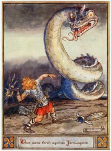 "ثور ذهب ضد Jormungand" ، التوضيح من "أبطال Asgard ، حكايات الأساطير الاسكندنافية" ، بقلم أوند إي كيري ، 1930