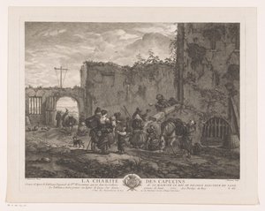 الرهبان يوزعون الطعام على الحجاج في باحة La Charité des Capucins (العنوان على الكائن) يطبع بعد اللوحات بواسطة Philips Wouwerman (عنوان السلسلة) أعمال Ph.pe Wouwermans Hollandois (عنوان السلسلة)
