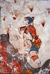الحضارة المينوية: نساء قطف الزعفران. تفاصيل لوحة جصية من حوض Lustral في Xeste 3 في أكروتيري (ثيرا) ، سانتوريني. خافت. 244x266 سم من القرن السادس عشر قبل الميلاد ، سانتوريني ، مجموعة من اللوحات الجدارية لأكروتيري أ ثيرا - حضارة مينوان: نساء قطف الصفصاف