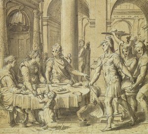 مأدبة Dido و Aeneas ، نموذج للنسيج في سلسلة قصة Aeneas ، c.1532 (قلم وحبر وغسل على الورق)