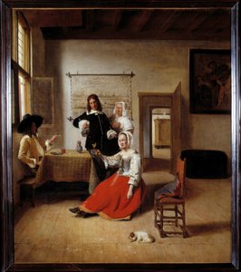 الشارب امرأة مدمنة على الكحول في منزل فلمنكي محاطة بشاربي آخرين. لوحة بيتر دي هوش (1629-1684) 1658 صن. 0،69x0،6 م - امرأة تشرب مع الجنود. داخل منزل فلمنكي. لوحة بيتر دي هوش (1629-1684)