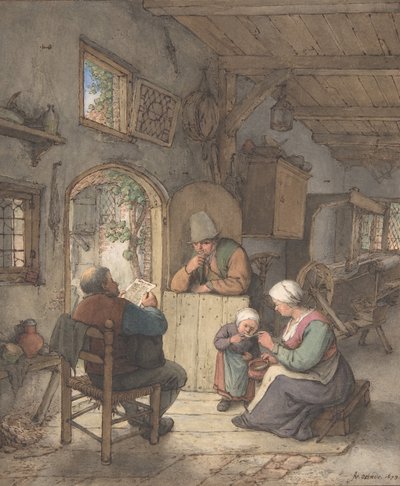 قراءة الأخبار في كوخ Weavers ، 1673. بواسطة أدريان فان أوستاد