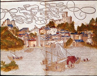 ميناء كورفو (كورفو) في اليونان صفحة مأخوذة من كتاب السفر "" Peregrinatio in terram sanctam "" بعد الحج في الأرض المقدسة لبرنارد في بريدنباخ (بريدينباخ) (1454-1497) موضحة بنقوش لإرهارد روييش بواسطة إيرهارد ريويتش