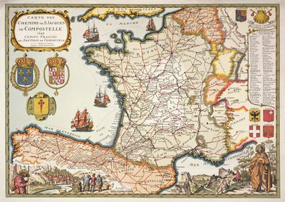 استنساخ خريطة طرق سانت جيمس من Compostel ، محفورة في الأصل بواسطة D.Serveaux 1648 بواسطة French School