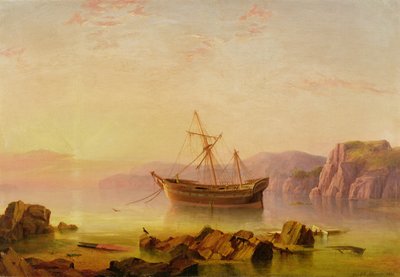 سفينة في مرساة في خليج عند غروب الشمس بواسطة George Mounsey Wheatley Atkinson