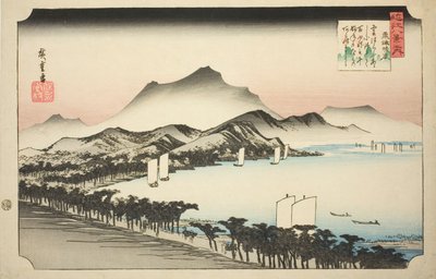 تنقية الأحوال الجوية في أوازو (أوازو سيران) من مسلسل "ثمانية مناظر لأومي (Omi hakkei no uchi)" بواسطة Utagawa Hiroshige